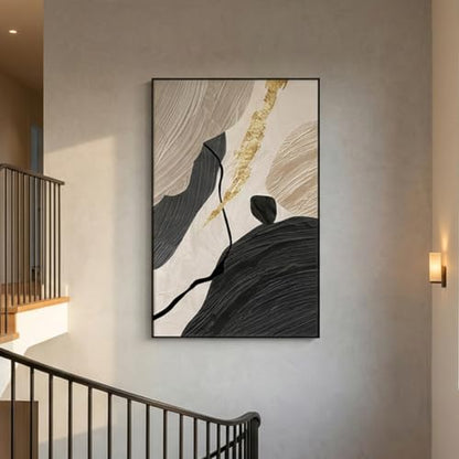 QKF Gold Geometric 3D Texture Black Aluminum Frame Canvas Wall Art - color: Beige & Black with Gold Accent