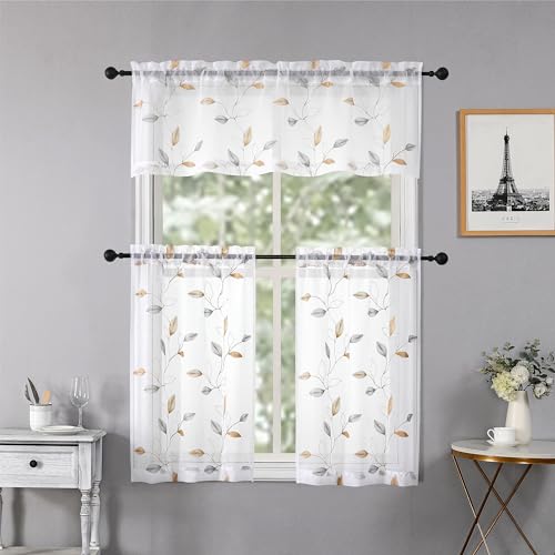 Regal Home Collections Kitchen Tiers & Window Valance Curtains Set - 54x36 Rod Pocket Cafe Tier, Curtain Valances for Windows - Light Filtering Fabric, Leaves White/Gold - color: Cedar/Gold