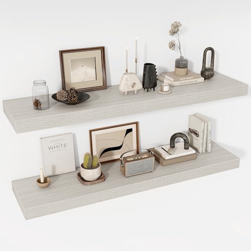 Acovy 48 Inch Floating Shelves, 12" Deep Floating Shelf Wall Mounted, 48" Wall Shelves, Rustic Deep Bookshelf, Extra Deeper & Thicker Display Shelves for Bedroom, Living Room, Gray, Set of 2 - color: Grey, size: 12"Wx48"L-2pcs