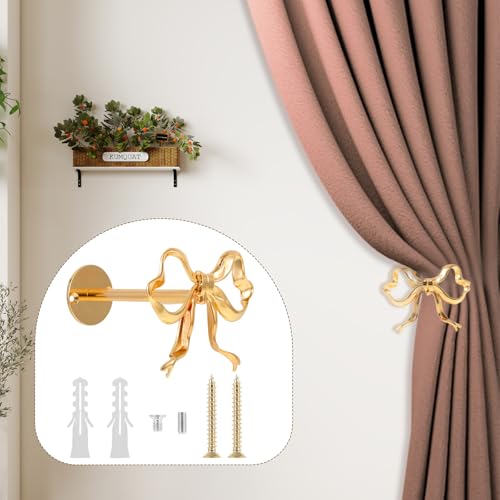 2 Pcs Metal Bow Curtain Tiebacks, Wall Mounted Gold Curtain Holdbacks, Bright Bow Curtain Tiebacks Suitable for Living Room, Bedroom, Study Room, Dormitory
