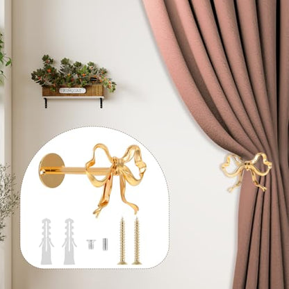 2 Pcs Metal Bow Curtain Tiebacks, Wall Mounted Gold Curtain Holdbacks, Bright Bow Curtain Tiebacks Suitable for Living Room, Bedroom, Study Room, Dormitory