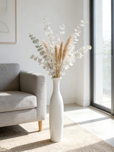 White Tall Ceramic Floor Vase, 19.7 Inch, Flared Rim Design
