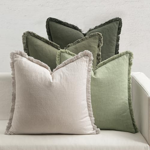 MIULEE Fall Linen Fringe Pillow Covers Set of 4 24x24 Beige/Sage Green - color: Sage Green, size: 24" x 24" (Pack of 4)