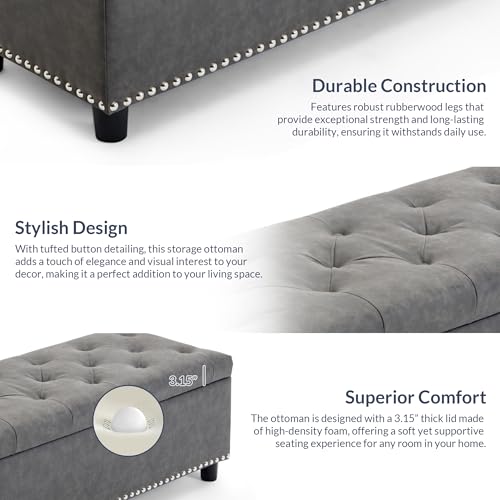 BELLEZE Storage Ottoman, Tufted Ottoman with Close Hinge, Foot Rest for Living Room (Rustic Gray, 47 inch) - color: Rustic Gray