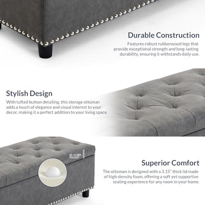 BELLEZE Storage Ottoman, Tufted Ottoman with Close Hinge, Foot Rest for Living Room (Rustic Gray, 47 inch) - color: Rustic Gray