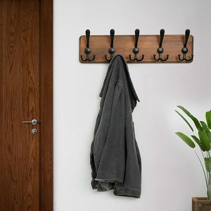 WEBI Rustic Coat Rack Wall Mount,Solid Wood Coat Hooks Wall Mounted Coat Hanger,16" Hole to Hole,Hook Rack Rail,5 Triple Hooks for Hanging Coats,Jacket,Clothes,Farmhouse,Brown - color: Brown, size: 5 Hooks