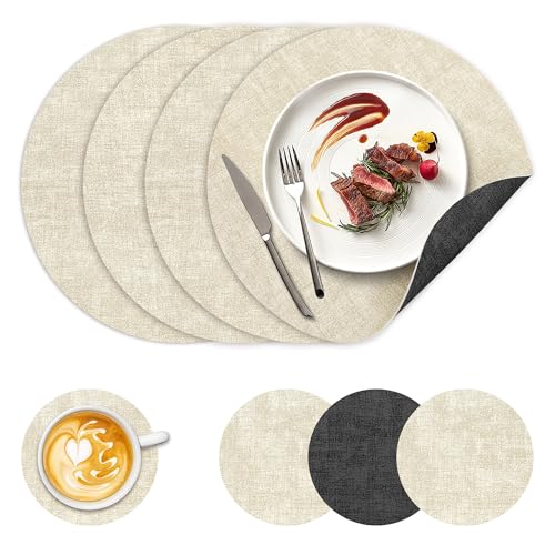 NCUE 13" Faux Leather Round Placemats Set of 4, Reversible Dual-Color - color: Deep Gray Beige