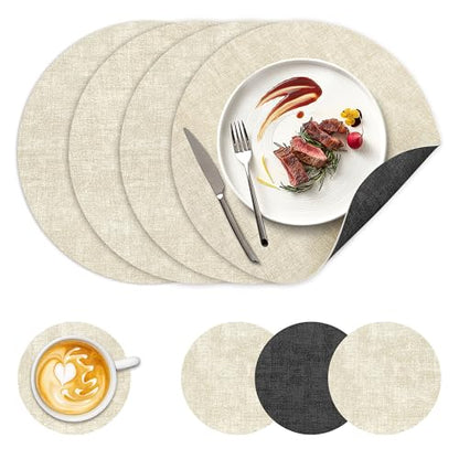 NCUE 13" Faux Leather Round Placemats Set of 4, Reversible Dual-Color - color: Deep Gray Beige