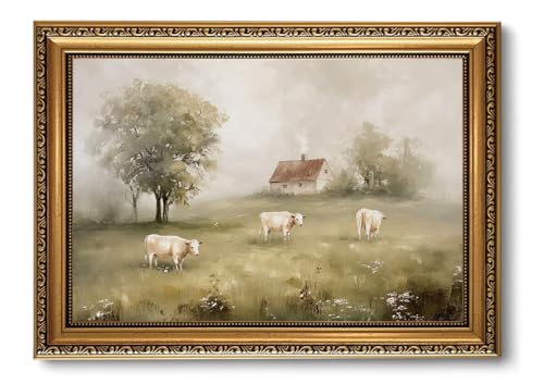 Vintage Farmhouse Cow Gold Framed Wall Art 16x24 | Rustic Farmhouse Wall Decor, Cow Landscape Canvas Print, Pastoral Countryside Picture - color: Cow pasture, size: 24"L x 16"W