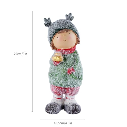 Christmas Boy Figurine with Snowy Antler Hat Small People Figurines Holding Golden Lantern Resin Freestanding Winter Holiday Decorations for Home Mantel Tabletop Display, 9"