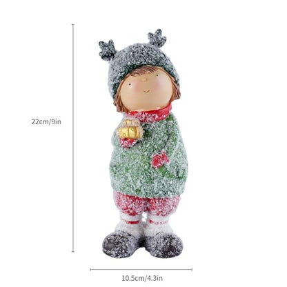 Christmas Boy Figurine with Snowy Antler Hat Small People Figurines Holding Golden Lantern Resin Freestanding Winter Holiday Decorations for Home Mantel Tabletop Display, 9"