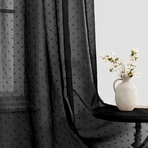 Black Sheer Curtains 108 Inches Long 2 Panels Polka Dots Pattern Grommet - color: Black, size: 52"W x 108"L (Pack of 2)