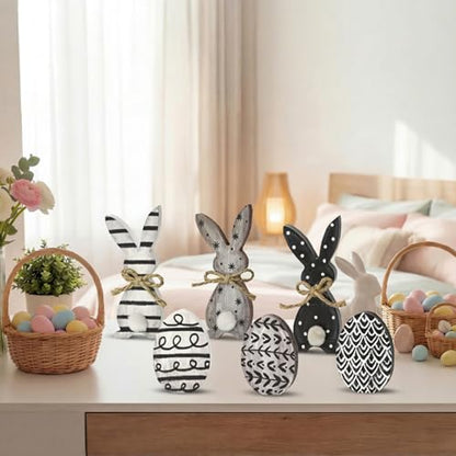 Smile Wooden Easter Block Decor Set - 6-Piece Rustic Bunny & Egg Design Tabletop Blocks, Farmhouse Style Shelf Accents for Spring Holiday Home Decoration