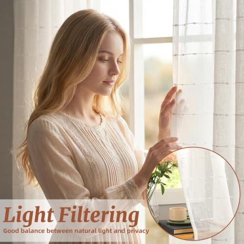 White Sheer Curtains 63 Inches Faux Linen Stripe Pattern 2 Panels - color: White, size: 52"W x 63"L (Pack of 2)