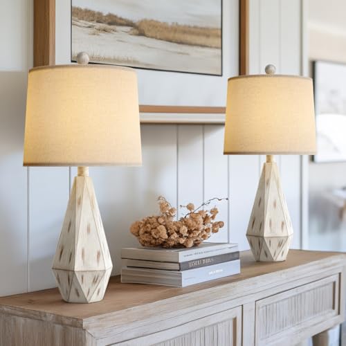 PoKat 23'' Farmhouse Table Lamps Set of 2, Beige Rustic Lamps for Living Bedroom Night Stands, Bedside Nightstands Living Room Table Lamps for End Side Table, Beige and White - color: Medium - Washed White