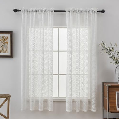PearAge Lace Sheer White Curtains for Living Room, 63 Inch Length, Elegant Lace-Style Voile Drapes for Bedroom, Kitchen or Dining Room, 42W x 63L Inch, 2 Panels White - color: White