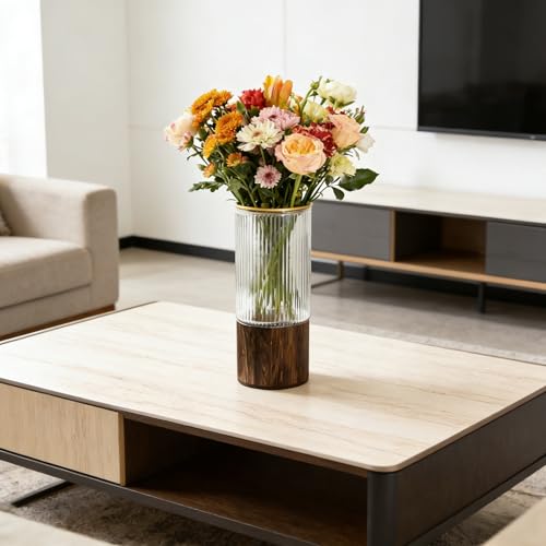 Artistic Wood Glass Vase,Wooden Base,Tall Vases Bottles for Flowers, Cylinder Vases for Wedding Centerpieces Table Shelf Decor - style: French