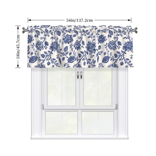 Navy Floral Valances for Windows Blue Traditional Flowers Print Kitchen Curtain Farmhouse Country Rustic Valance with Rod Pocket Light Filtering Polyester Valance 54 x 18 Inch, 1 Pack - color: Floral Navy Blue