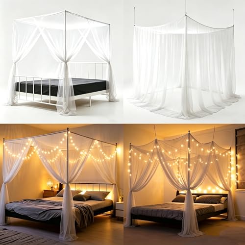 4-Opening Mosquito Net Bed Canopy with 66ft LED Lights, White - color: White+lights