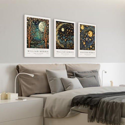 Hianan Wrapped Canvas William Morris Moon Star Wall Art Set of 3, 12x16 in - color: Dark Blue,Gold, size: 16"L x 12"W