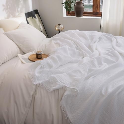 FOSSA Muslin Blanket 4-Layer 100% Cotton Gauze Blanket with Fringe 90"x90" - color: Bright White, size: Queen (90" × 90")
