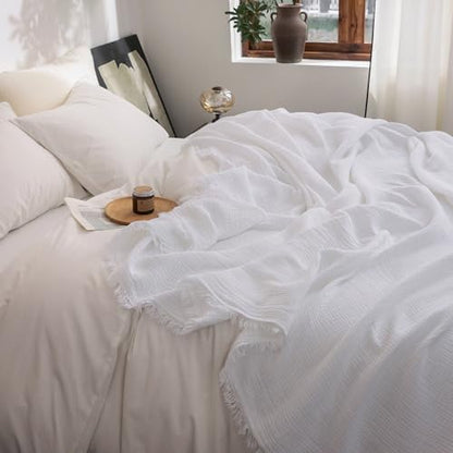FOSSA Muslin Blanket 4-Layer 100% Cotton Gauze Blanket with Fringe 90"x90" - color: Bright White, size: Queen (90" × 90")