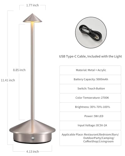 Modern Cordless Table Lamp Set of 2, Brushed Nickel LED Desk Lamps - color: Brushed Nickel (2 Pack)