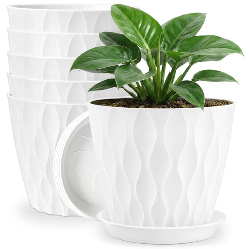 YNNICO 8 inch 6 Pack Plant Pots for Indoor Drainage Holes and Tray Saucers - color: White, size: 8 inch-6 pack