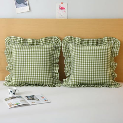 Silnuo Olive Green/White Gingham Plaid Ruffle Throw Pillow Covers 20"x20" - color: Green/White, size: 20" x 20" - Set of 2