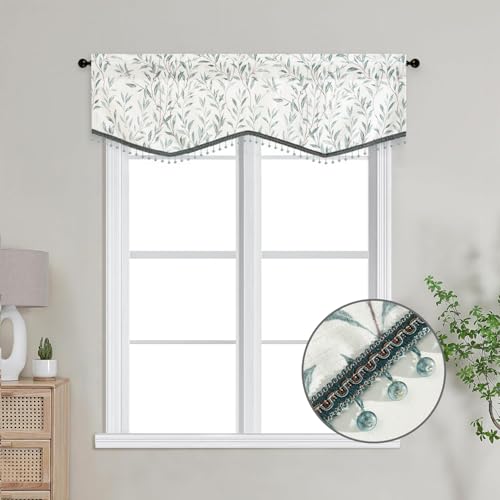 VOGOL Country Style Leaf Print Scalloped Valance, Beaded Trim, 52 x 16 - color: Blue, size: 52"W x 16"L (Pack of 1)