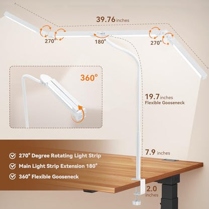 Pzloz Led Desk Lamp with Clamp: Architect Desk Lamp for Home Office, Eye Caring Double Head Computer Monitor Work Desk Light with Remote Control - 24W Flexible Dimmable Desktop Table Lamp White - color: Light White