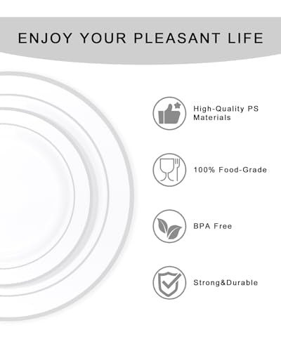 bUCLA 150-Piece Silver Disposable Dinnerware Set - White Plastic Plates with Silver Rim - Include 25 Dinner Plates, 25 Dessert Plates, 25 Forks, 25 Knives, 25 Spoons & 25 Cups for Party & Christmas - color: Silver