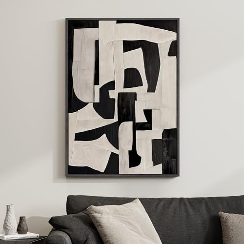 Framed Neutral Modern Black Beige Abstract Wall Art, 1 Piece 24x36 In - color: Black White Geometric A