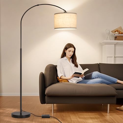 Dimmable Floor Lamp, Arc Floor Lamp with Dimmer, Black Standing Lamp with Adjustable Hanging Shade, Over Couch Tall Reading Light, Modern Pole Lamp for Living Room Bedroom, 9W LED Bulb Included - color: Black