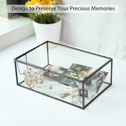 Glass Jewelry Display Box with Hinged Lid, Keepsake Box, Clear Card Box - color: Black, size: Large