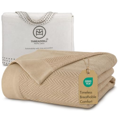 Threadmill Luxury 100% Cotton Twin Herringbone Blanket, Beige - color: Beige, size: Twin (68" x 92")