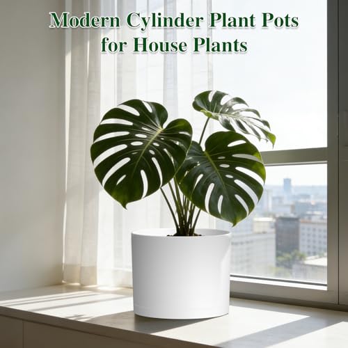 Plant Pots, 10/9/8 Inch 3 Pack Cylindrical Flower Pots with Drainage Holes and Saucers, Plastic Planters for Outdoor Indoor Plants,White - color: White