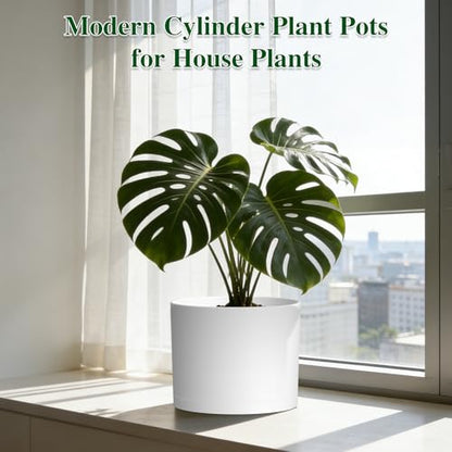 Plant Pots, 10/9/8 Inch 3 Pack Cylindrical Flower Pots with Drainage Holes and Saucers, Plastic Planters for Outdoor Indoor Plants,White - color: White