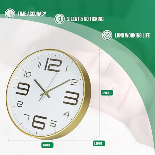 Wall Clock Modern Non-Ticking Battery Operated Wall Clocks Silent Quartz Movement Round Decor Clock Trendy and Practical Simple Style Best Gift for Office/Home/School (White-Gold, 12 inch) - color: White-gold