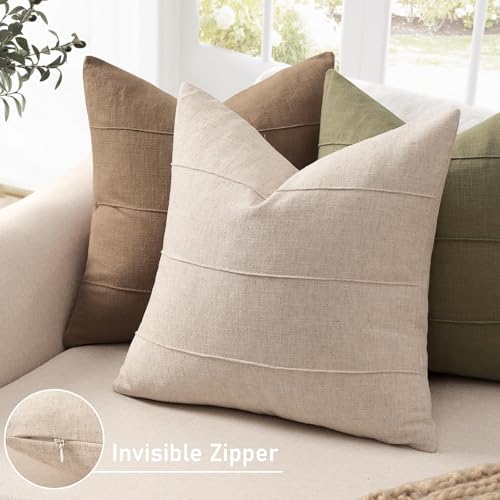 Decorative Linen Throw Pillow Covers 24x24 Set of 2 Solid handcrafted Striped Cushion Covers for Bed Soft Modern Farmhouse Neutral Pillowcase for Couch Bedroom Living Room Home Decor(Natural Beige) - color: Natural Beige, size: 24" x 24" (Pack of 2)