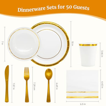 AIRE Gold White Paper Plates Set, 350PCS Disposable Tableware for 50 - color: 350pcs White Gold