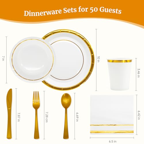 AIRE Gold White Paper Plates Set, 350PCS Disposable Tableware for 50 - color: 350pcs White Gold