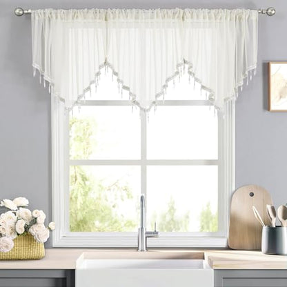 WUBODTI Ivory Sheer Beaded Valance Curtains Living Room Kitchen Windows - color: Ivory