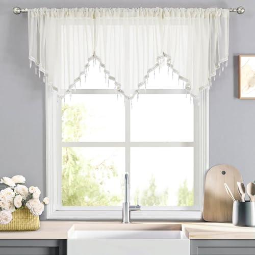 WUBODTI Ivory Sheer Beaded Valance Curtains Living Room Kitchen Windows - color: Ivory