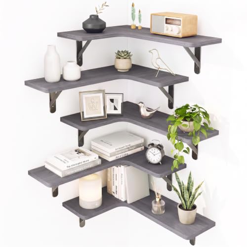 Fixwal Corner Floating Shelves Set of 5, Rustic Wood Wall Mounted Corner Shelf for Bathroom, Kitchen, Bedroom, Home Decor, Laundry Room, Living Room(Gray) - color: 4-gray
