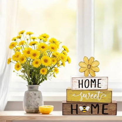 Cinnvoice 4 Pcs Yellow Bee Daisy Wooden Block Decor Farmhouse Tiered Tray - style: Bee Daisy