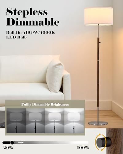ELYONA Dimmable Floor Lamp Walnut Wood Grain & Brushed Nickel Standing Lamp Mid Century Modern Coner Pole Lamp with White Fabric Shade & Rotary Switch for Living Room Bedroom Office,LED Bulb Included - color: Walnut Wood Grain & Brushed Nickel
