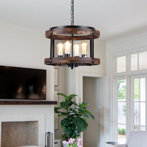 4-Light Large Rustic Farmhouse Wood Pendant Light Fixture with Adjustable Chain, 16.5 inch Oak Wood Drum Chandelier for Dining Room Kitchen Island Farmhouse Living Room Hallway, Black - size: Large pendant light 1 pack