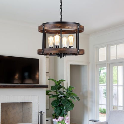 4-Light Large Rustic Farmhouse Wood Pendant Light Fixture with Adjustable Chain, 16.5 inch Oak Wood Drum Chandelier for Dining Room Kitchen Island Farmhouse Living Room Hallway, Black - size: Large pendant light 1 pack