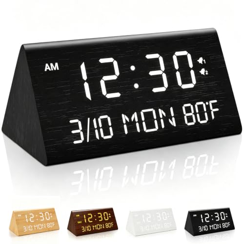 Premium Wooden Digital Alarm Clock with USB Charging Ports, Dimmable LED Display, Date, Day of Week, Temperature, DST, Clocks for Bedrooms, Desk, Nightstand, Bedside, Table, Office, Living Room Decor - color: Triangle - Black
